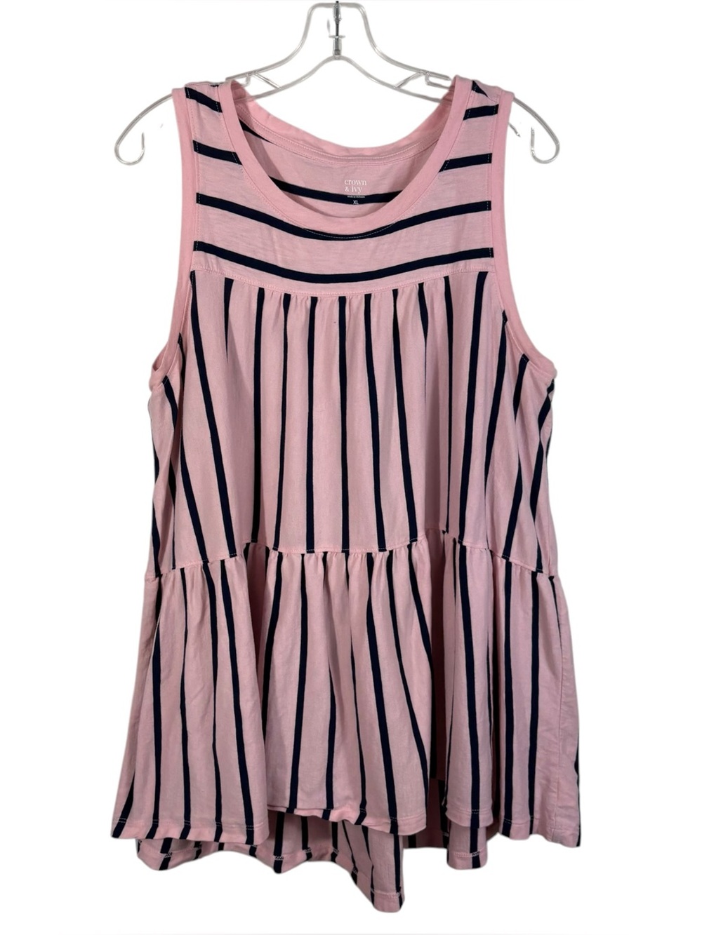 Crown & Ivy Pink Navy Blue Striped Tiered Relaxed Fit Sleeveless Tank Top XL